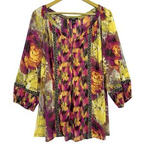 Alfani Tunic Top 3X Whimsical Fairy Multicolor Mesh Artsy Balloon Sleeve V-Neck